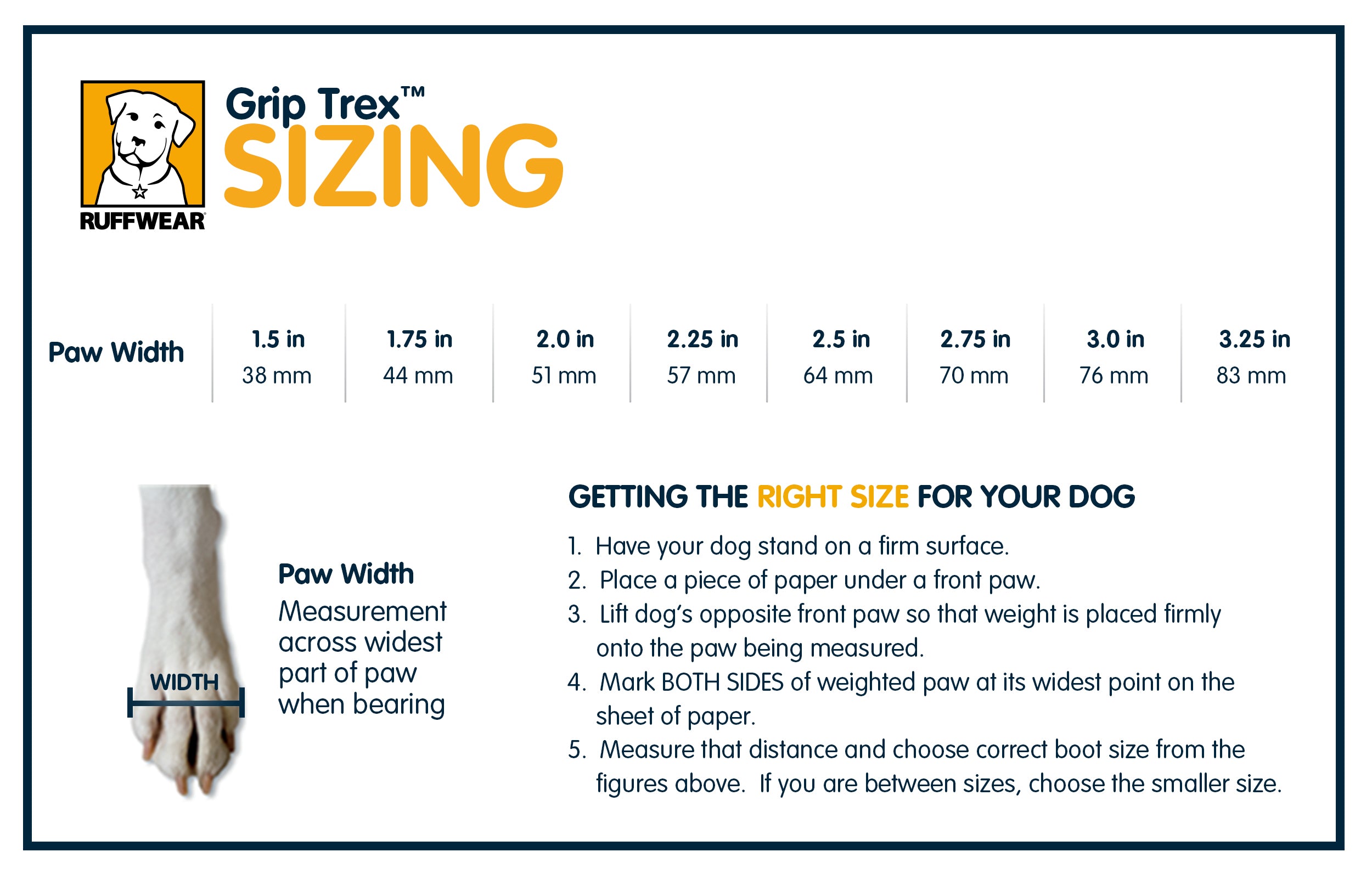 Ruffwear Dog Boots Grip Trex Measurement and Sizing Chart