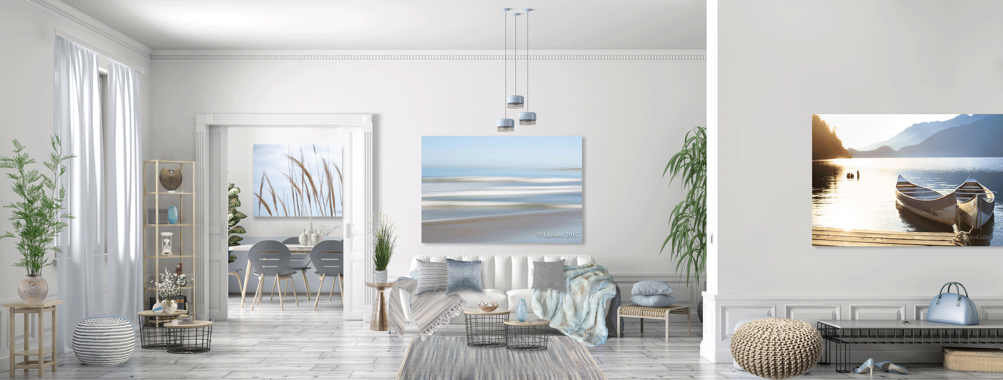 Expansive relaxation found in soft blues, grays, taupes, whites and pale browns. Transforming a bland space into an immersive experience with textures and colors. Streaks and line textures played throughout incorporating the line elements from the artwork into the space.