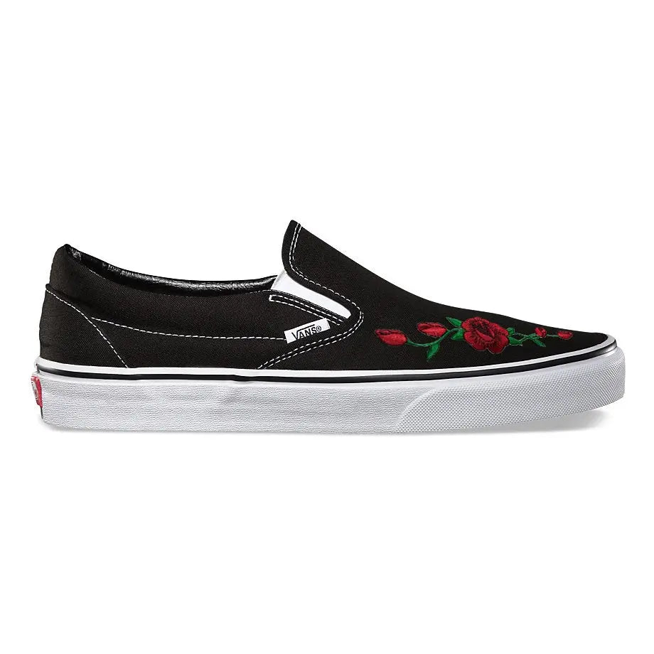vans shoes black and white with roses