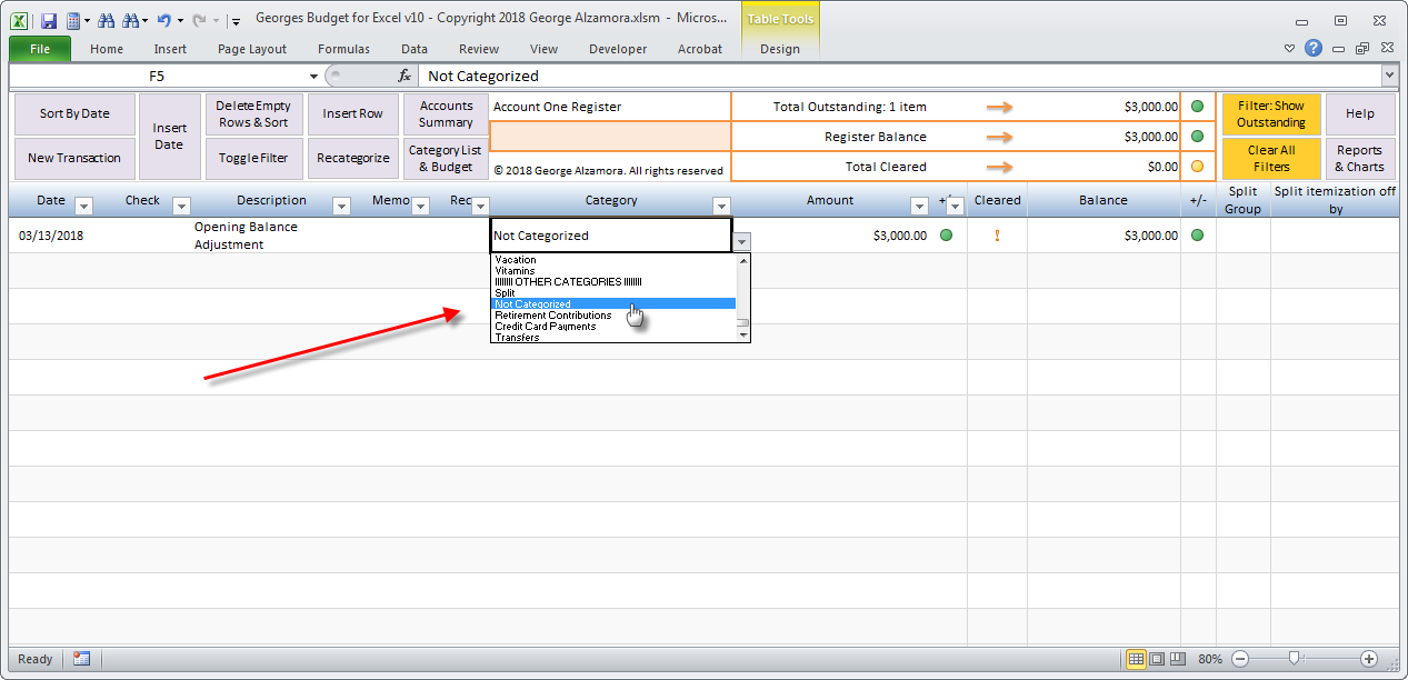 Enter Account Opening Balance - Excel Checkbook Register