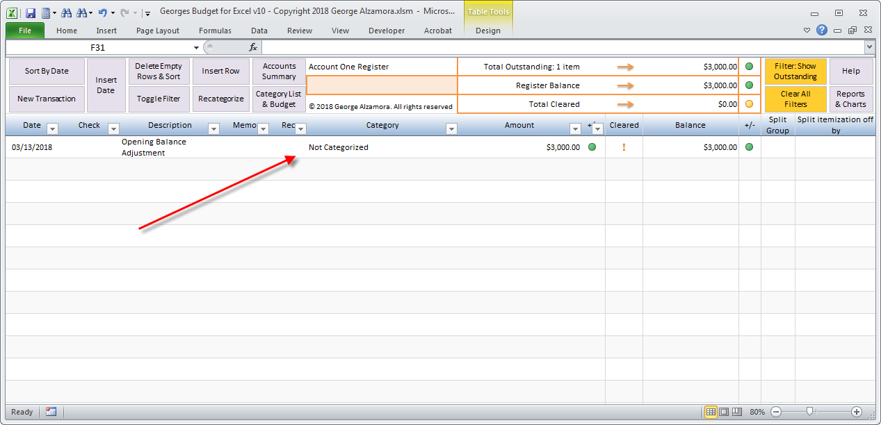 Enter Starting Balance - Excel Checkbook Spreadsheet