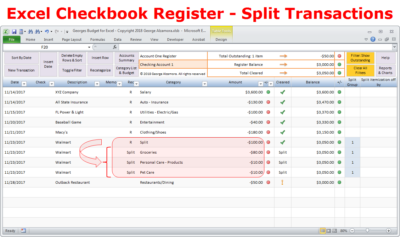 How to split a transaction into multiple categories in Excel checkbook register