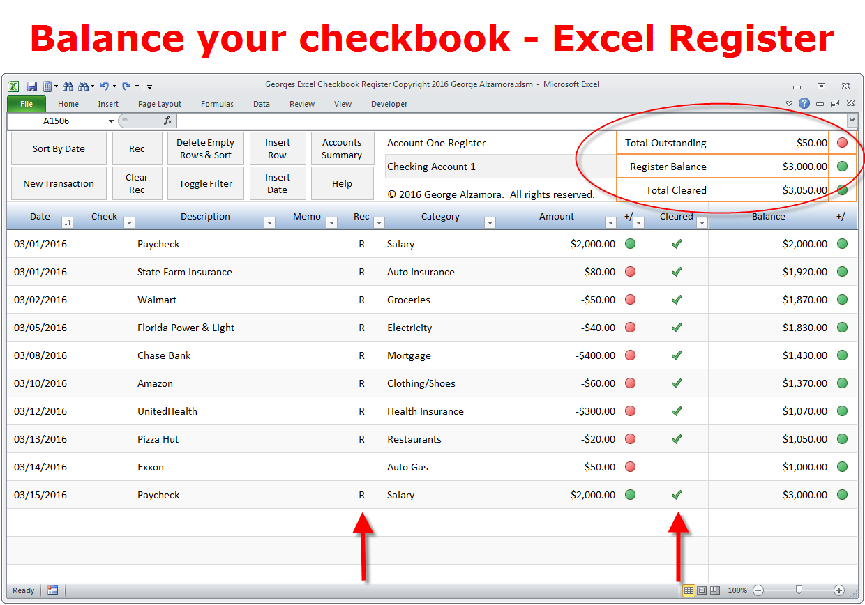 Bank account reconciliation: Excel Checkbook Register
