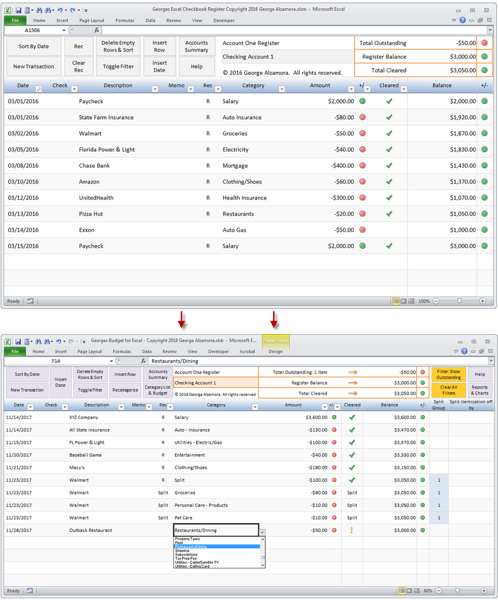 Checkbook software to budget spreadsheet: migrate data