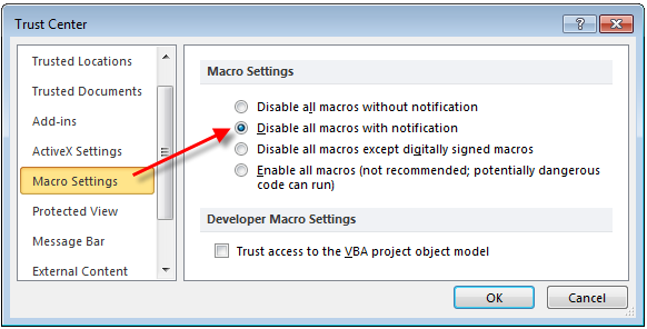 Excel disable all macros with notification