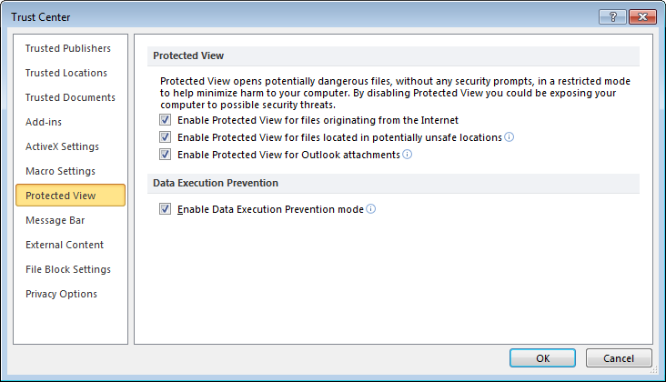 Microsoft Excel protected view enable disable settings