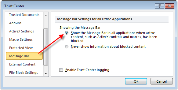 Excel show message bar when macros blocked