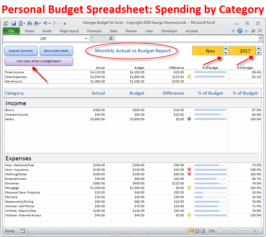 Monthly Spending By Category Budget Spreadsheet