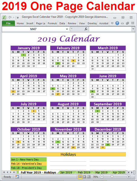 2019 Calendar Printable Yearly Monthly Editable Excel ...