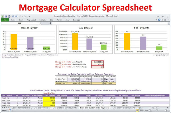 mortgage calculator excel spreadsheet loan amortization principal insurance payments template extra taxes schedule interest visit georges loans payoff v3 sheets
