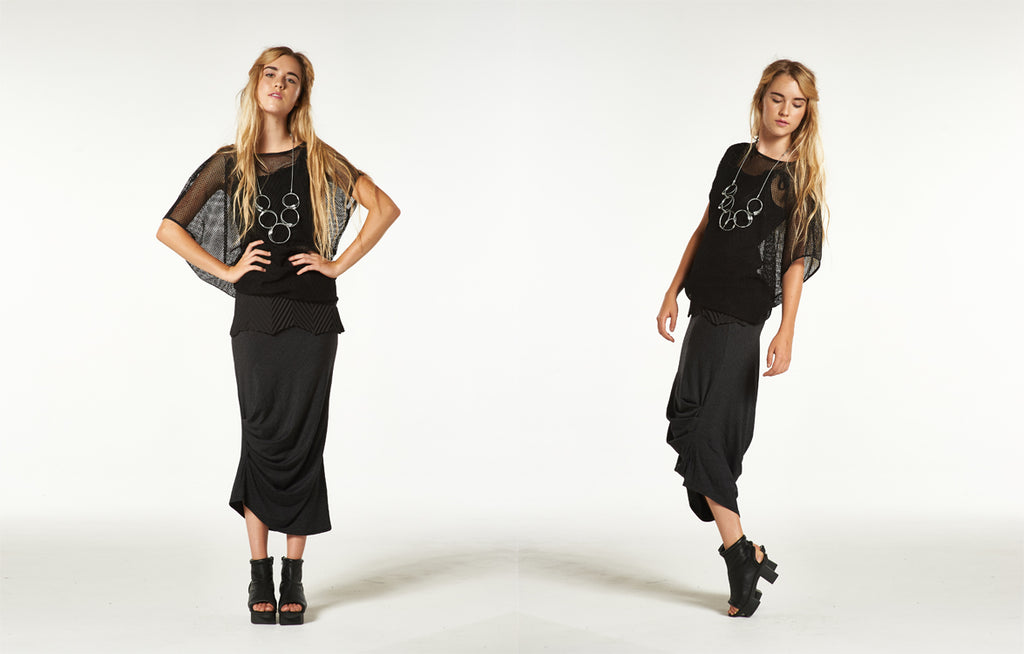 Andy Tunic in Black Mesh, Chevron Tie Tank Top and Long Caterpillar Skirt in Black Nebula