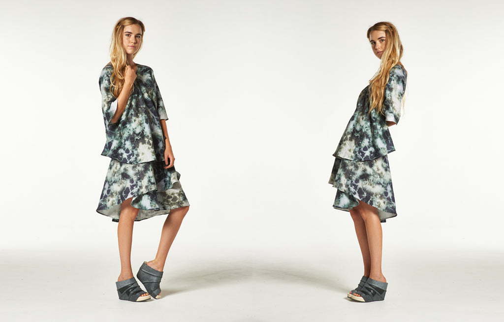 Rorschach Top and Ellipse Wrap Skirt in Topography Tie Dye Print and Trippen Juwel Wedge