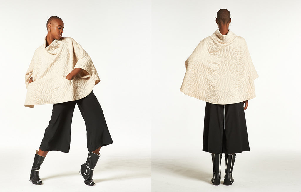 Tortuga Poncho in 3D Bubble, Hepburn Gaucho in Techno Stretch, and Trippen Case Boots