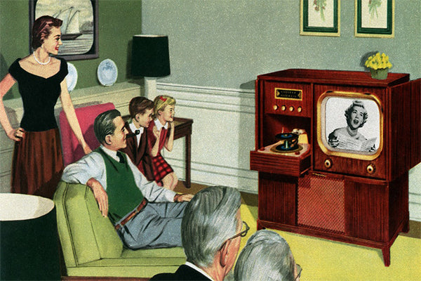 personnes regardant tv peinture