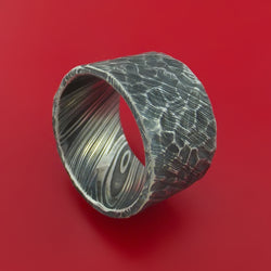 Ultra-Wide Kuro Damascus Steel Ring with Rock Hammered Finish Custom Made Band