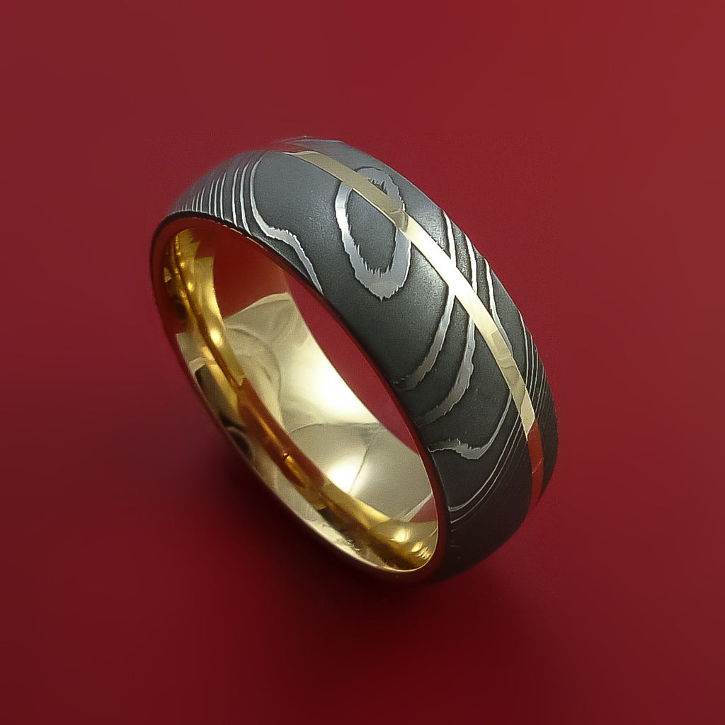 Damascus Steel 14K Yellow Gold Ring Wedding Band Custom