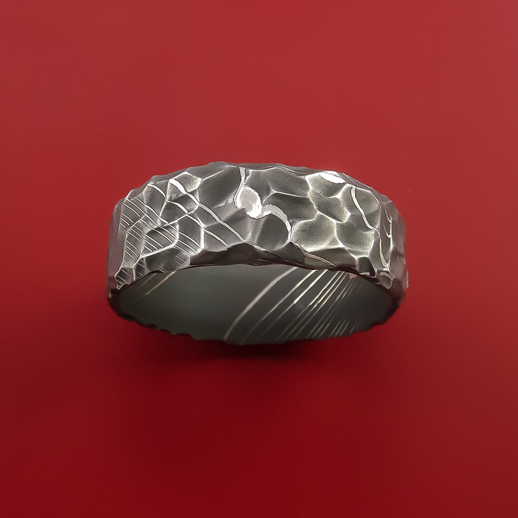 Damascus Steel Ring with Hammer Rock Finish Custom Made to