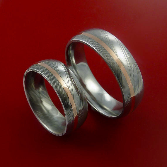Matching Set 14k Rose Gold Damascus Steel Rings Wedding Bands – Stonebrook Jewelry
