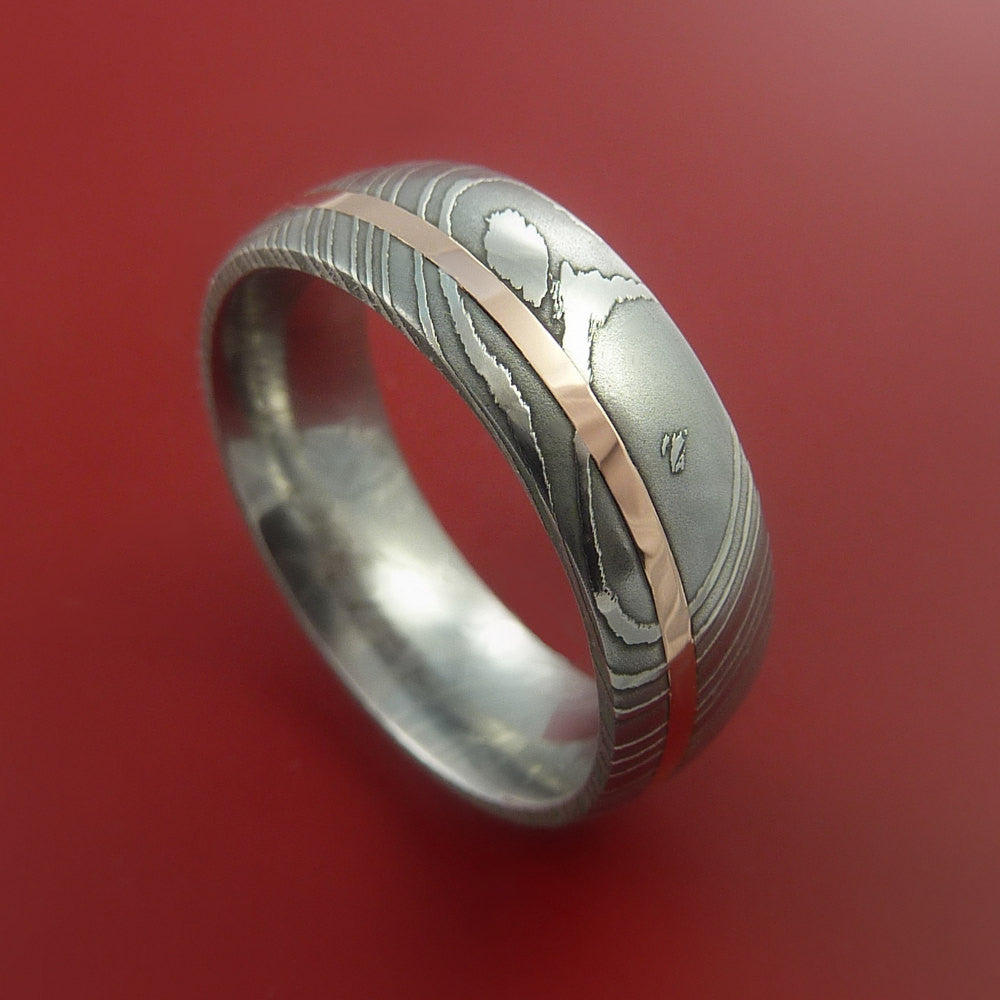 Damascus Steel 14K Rose Gold Ring Wedding Band Custom Made