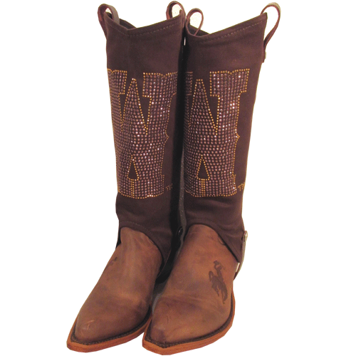 University of Wyoming cowboy boots with brown cowboy boot covers
