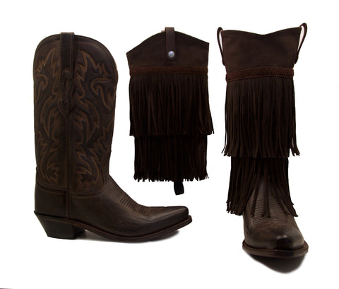 dark brown cowboy boots, one without boot cover, one with fringe boot cover