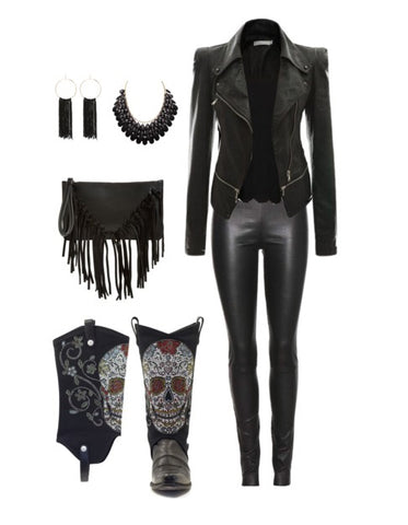 all black outfit with leather jacket, leather pants, cowboy boots and a fringe purse
