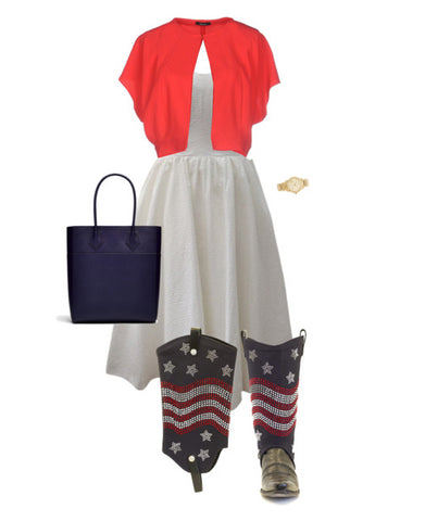 white dress, red cardigan, and american flag cowboy boot covers