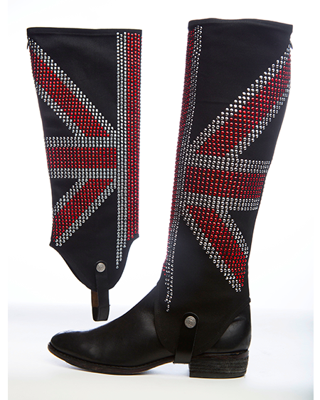 Black equestrian boots with equestrian boot covers with a british flag design