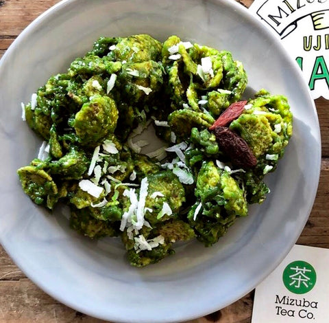 Naturally dyed holiday wreath cookies. Recipe with Japanese matcha green tea