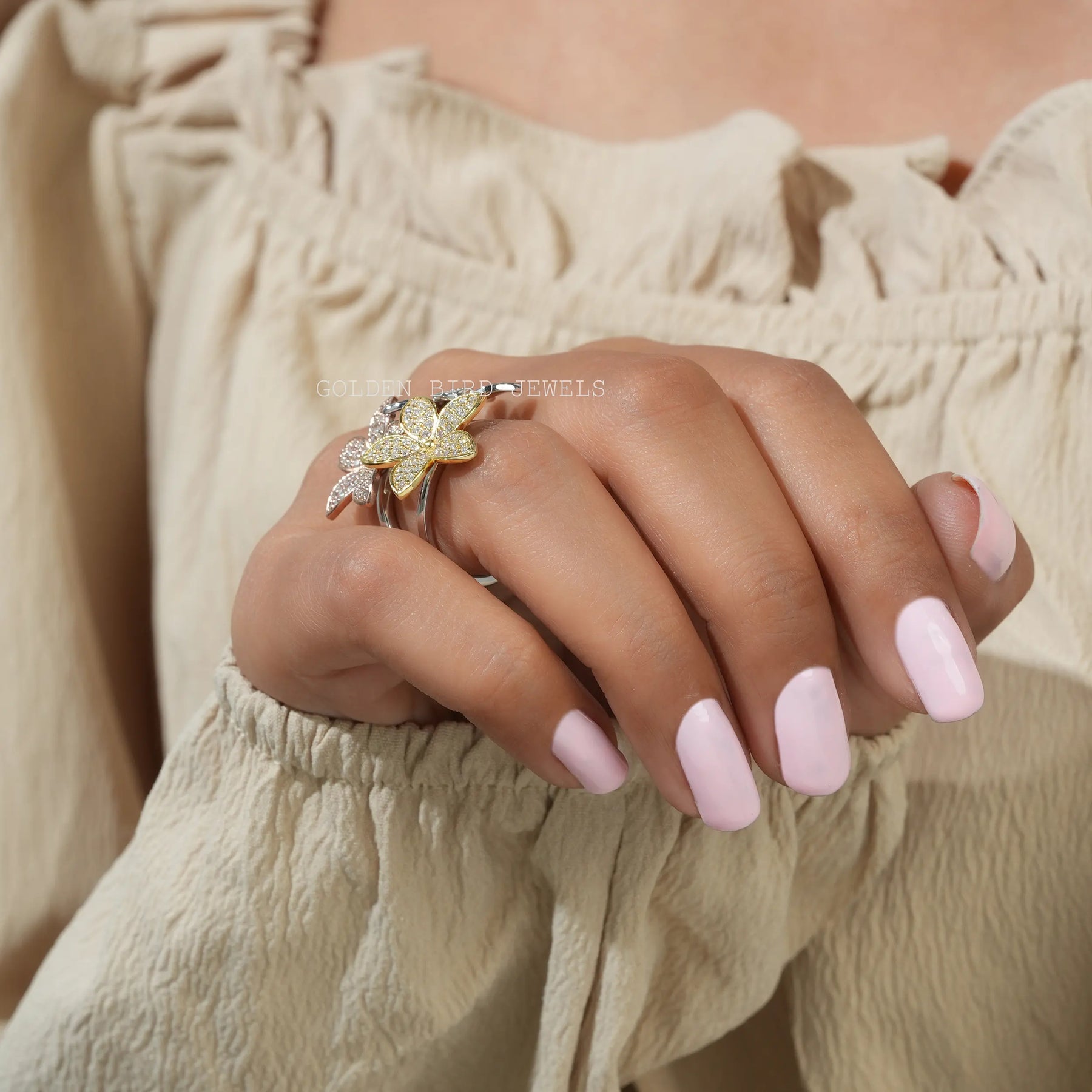 Round Cut Flower Style Multi-Tone Unique Engagement Ring
