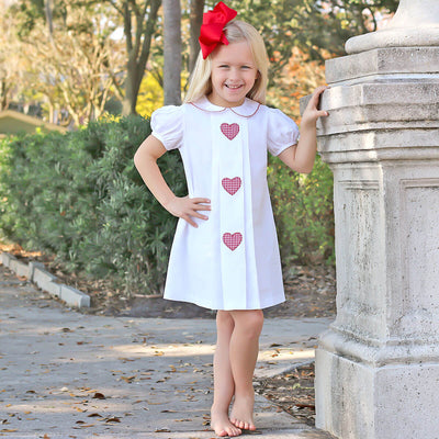 Heart Applique Collared Pleated Dress White Pique