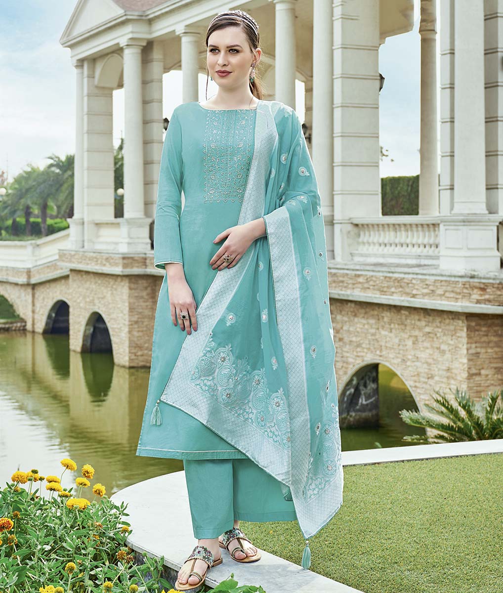 Zam Cotton Blue Unstitched Suit Material with Lucknowi Work – Stilento