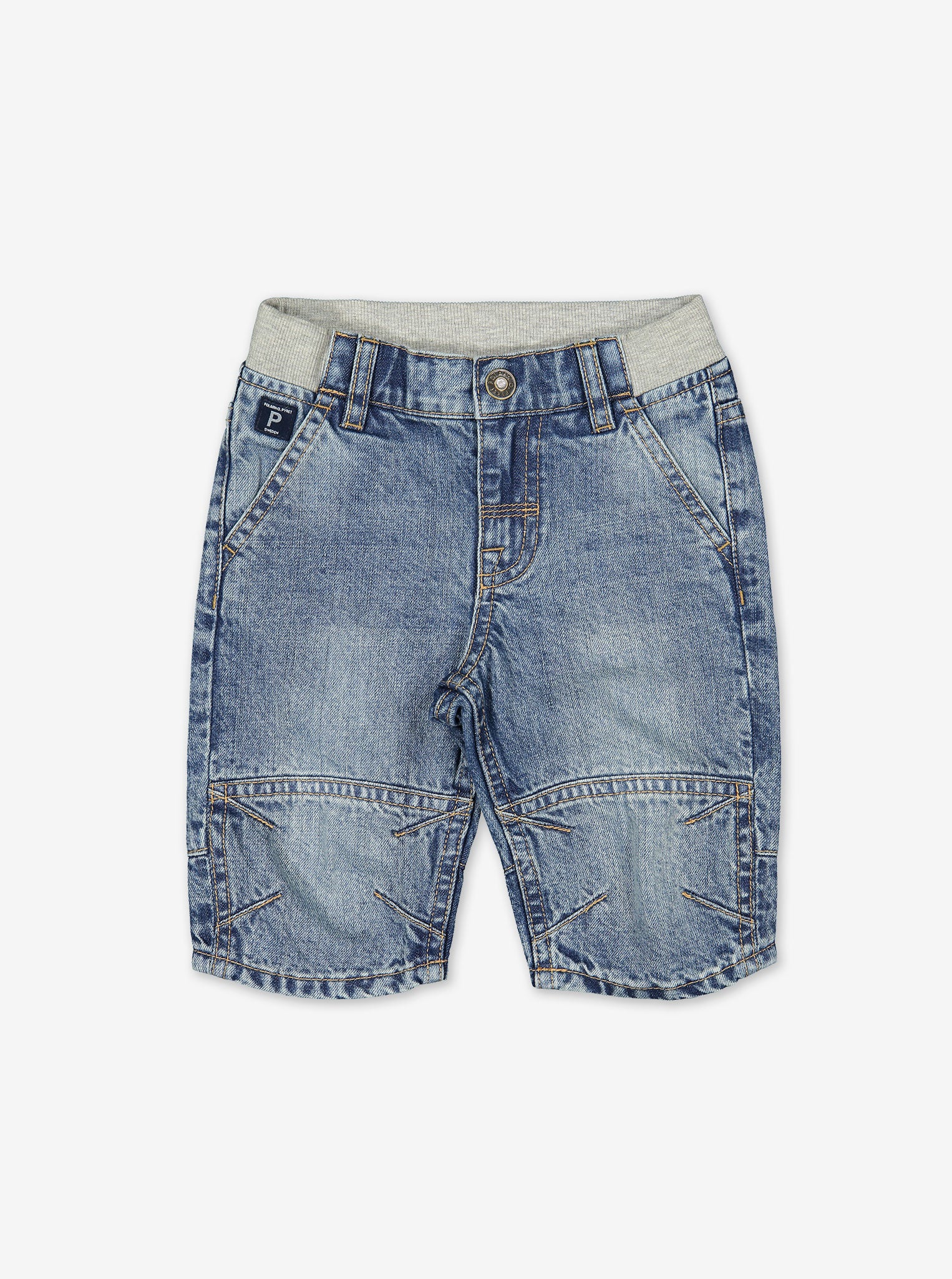 three quarter length denim shorts