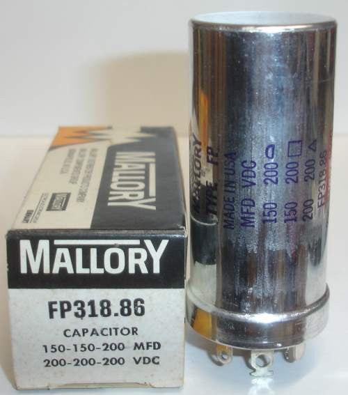 150uf/200v, 150uf/200v, 200uf/200v mallory fp metal can chassis