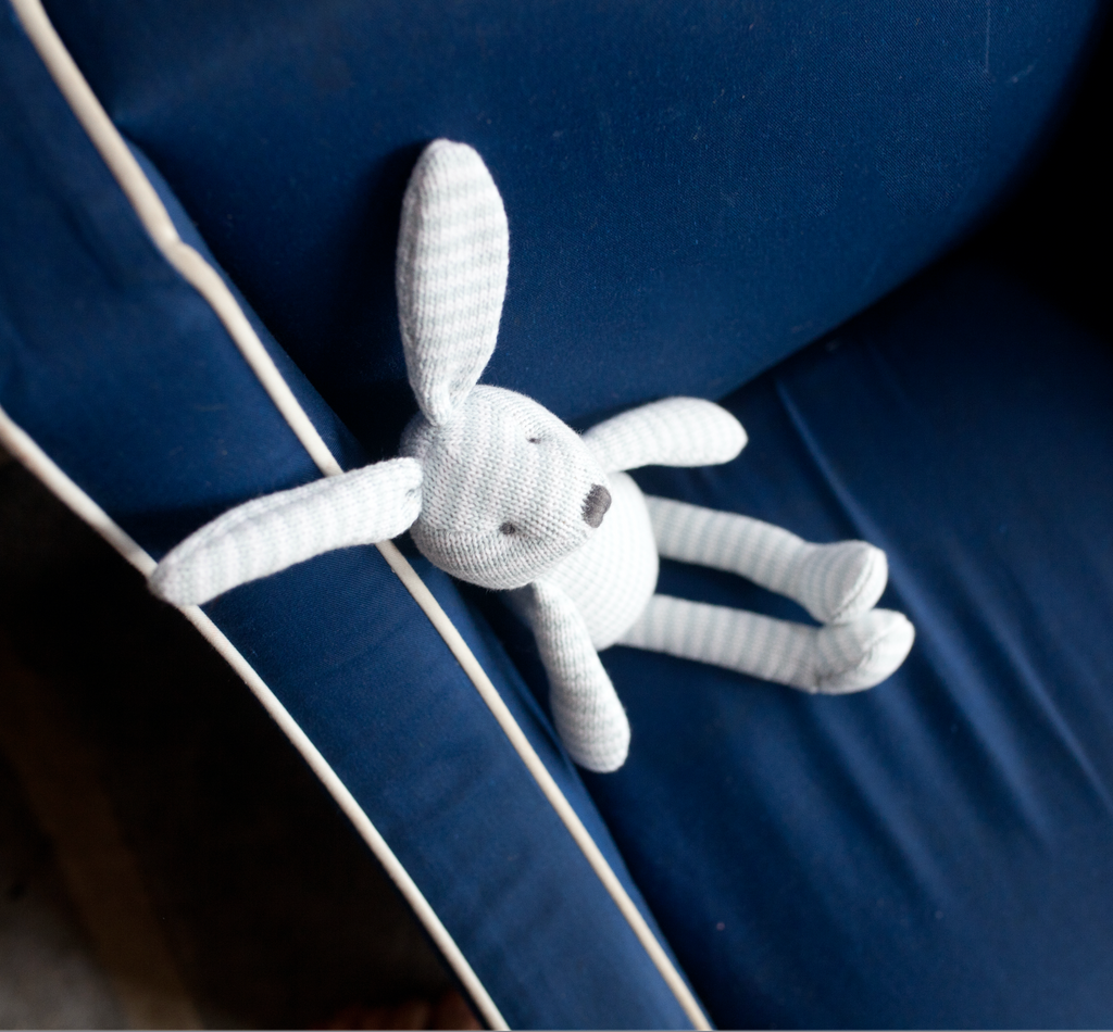 blue and white striped stuffed bunny