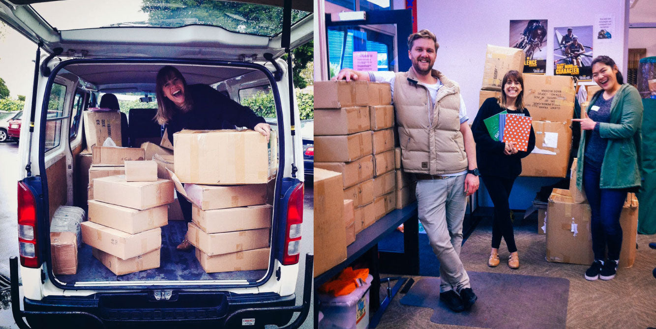 Image of Jess unpacking boxes from the van and giving them to children in need at a school