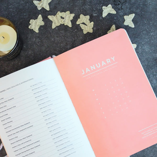 Picture of open pink 2016 Journal on a desk. Open to January