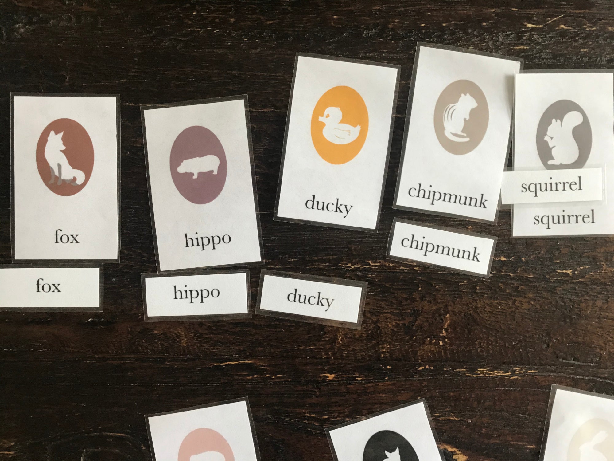animal flash cards matched with names in word matching game