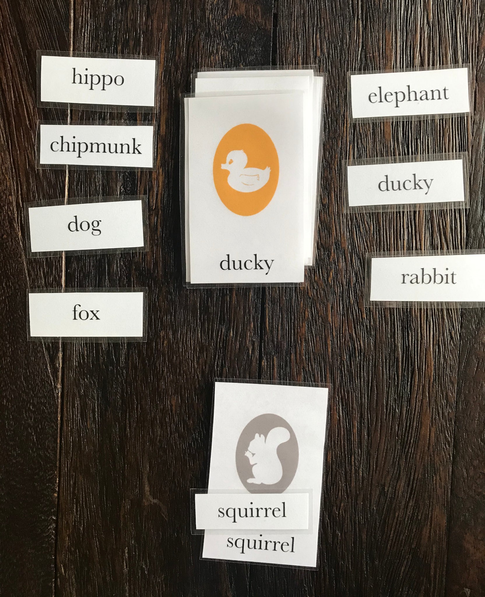 yellow ducky and squirrel flashcard word matching game