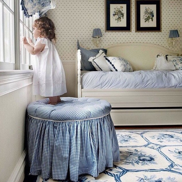 toddler girls on blue gingham stool in bedroom
