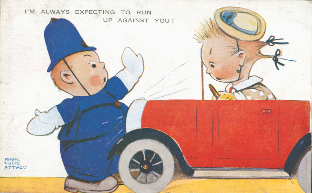 Mabel Lucie Attwell policeman stopping car illustration