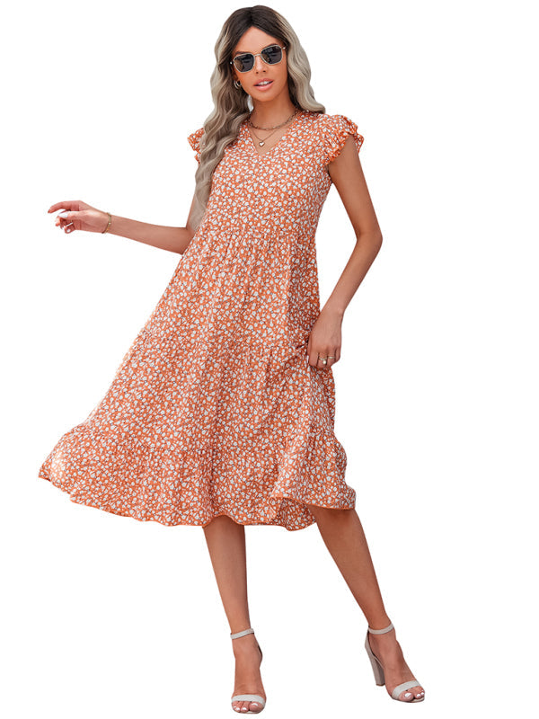 Zelly V-Neck Flying Sleeve Floral Print Midi Dress