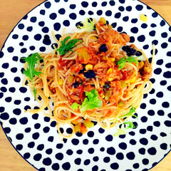 Tuna pasta with desert limes and bush tomatoes