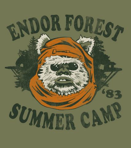 A distressed vintage-style print  reads "Endor Forest Summer Camp '83" around the famous Ewok Wicket