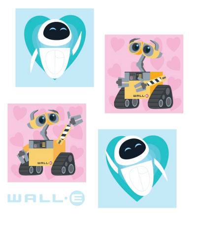 WALL-E and EVE are printed in four squares with hearts