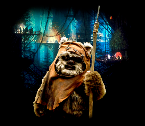 Wicket stands holding his spear with his tree village behind him