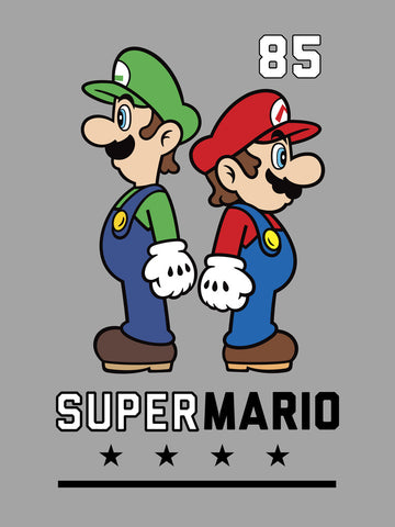 Luigi and Mario standing back to back with the text, "super Mario"