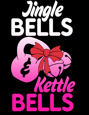 White/pink ombre of a kettle ball with bells and a bow attached. The text "jingle bells kettle bells" is surrounding it