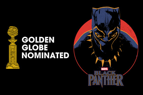 Black Panther next to the Golden Globe Nomination trophy