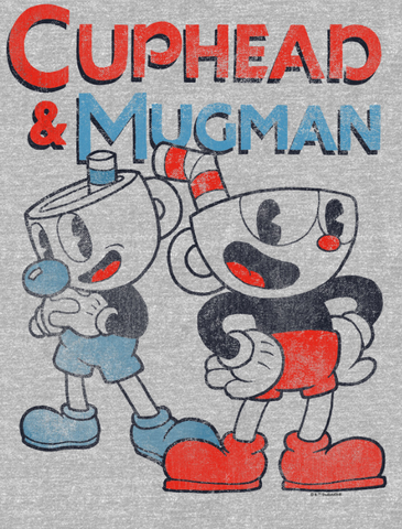 Distressed Cuphead with his hand on his hips and Mugman has his fist in his hand